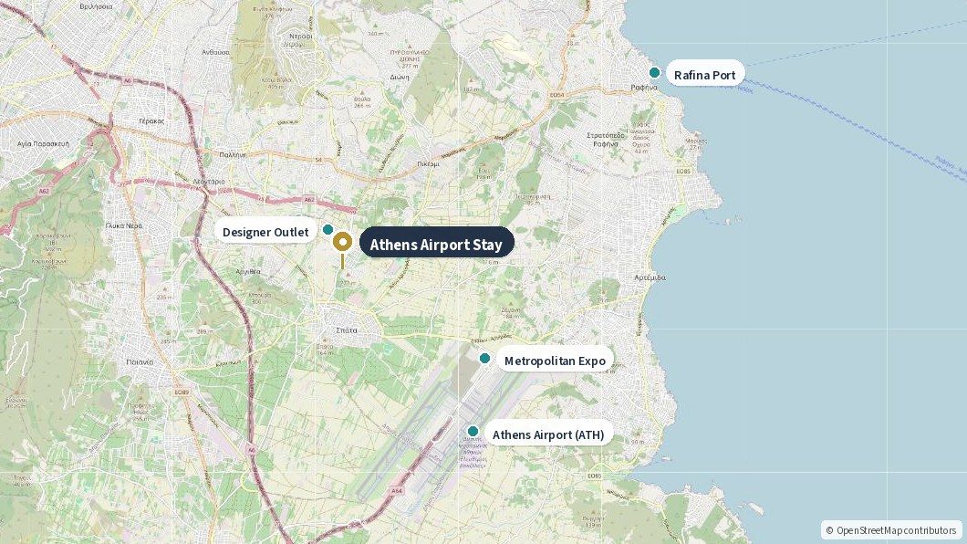 Map of east Attica showing the apartment in Christoupoli, Athens International Airport, Metropolitan Expo, the Designer Outlet and Rafina Port